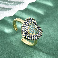 Heart Brass Micro Pave Cubic Zirconia Cuff Open Rings for Women&nbsp;CU-CBA0A21-01G-01