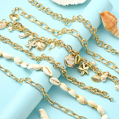 6Pcs 6 Styles Ocean Theme Cowrie Shell & Aluminum & Brass Alloy Cap Chain&nbsp;HJEW-SC0002-36