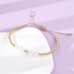 Brass & ABS Plastic Pearl Round Beads Braided Bead Bracelets for Women&nbsp;BJEW-H209-06G