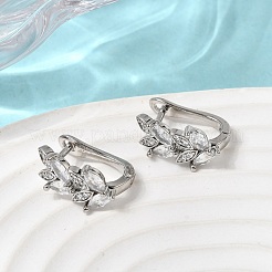 Leaf Brass Micro Pave Clear Cubic Zirconia Hoop Earrings&nbsp;EJEW-H180-29P