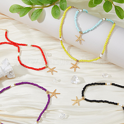 5Pcs 5 Colors Alloy Starfish Boho Pendant Necklaces Set with Glass Beaded Chains&nbsp;NJEW-FI0001-39
