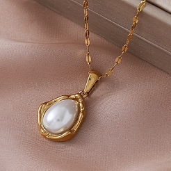Vintage Stainless Steel & Imitation Pearl Teardrop Pendant Necklaces for Women&nbsp;ZZ4514
