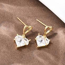 Brass Clear Cubic Zirconia Heart Dangle Stud Earrings&nbsp;EJEW-A156-04G