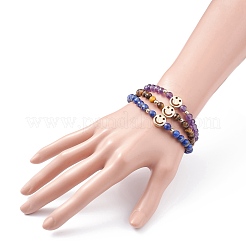 Faceted Round Natural Tiger Eye & Lapis Lazuli & Amethyst Beads Stretch Bracelets Set&nbsp;BJEW-JB07082