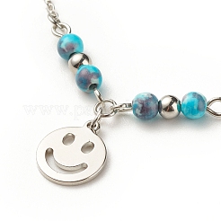 304 Stainless Steel Smiling Face Charm Anklet with Round Natural White Jade Beads for Women&nbsp;AJEW-AN00498-03