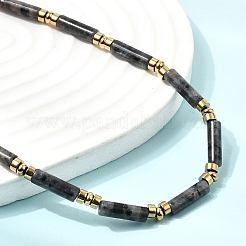 Natural Larvikite & Synthetic Non-magnetic Hematite Column Beaded Necklaces with 304 Stainless Steel End Chains&nbsp;NJEW-K301-01C