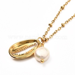 Cowrie Shell & Natural Pearl Pendant Necklace for Teen Girl Women&nbsp;NJEW-JN03717-02