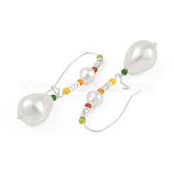 Brass & Glass & Plastic Imitation Pearl Teardrop Hoop Earrings&nbsp;EJEW-Q391-11S
