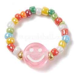 Glass Seed & Acrylic Smiling Face Beaded Stretch Ring&nbsp;RJEW-JR00575