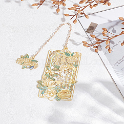 1Pc Zinc Alloy Enamel Bookmarks, Metal Flower Pendant BookMarker, Misty Rose, 195mm, flower: 75x39x0.8mm, pendant: 18x27x0.8mm