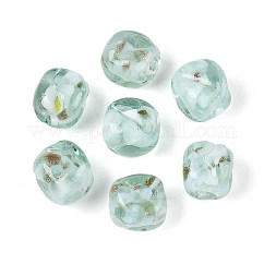 Handmade Gold Sand Lampwork Beads, Cuboid with Flower, with Porcelain, Medium Aquamarine, 12~13x10~11x10~11mm, Hole: 1.2~1.5mm