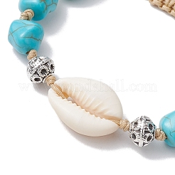 Adjustable Synthetic Turquoise Dyed Beads & Natural Cowrie Shell Beaded Braided Bead Bracelets for Women&nbsp;BJEW-JB11544-01