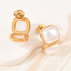 304 Stainless Steel & ABS Imitation Pearl Square Stud Earrings&nbsp;EJEW-Z155-02G