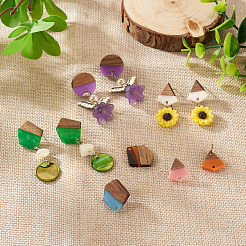DIY 12 Pairs 12 Style Two Tone Resin & Walnut Wood Stud Earring Findings&nbsp;DIY-CW0001-35