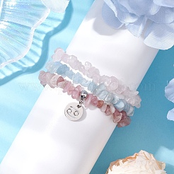 3Pcs 3 Styles Natural Aquamarine & Rose Quartz Chips Stretch Bracelets Sets&nbsp;BJEW-JB11076-06
