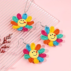 Smiling Face Sunflower Resin & Polyester & Alloy Pendant Necklaces & Dangle Earrings Sets&nbsp;FS-WGC297F-01