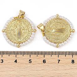 Saint Benedict Medal Brass & ABS Plastic Pearl Pendants&nbsp;KK-U032-10G