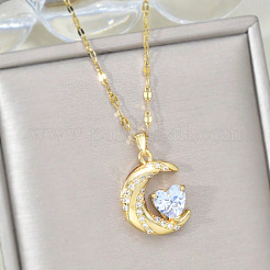Moon & Heart 304 Stainless Steel Micro Pave Clear Cubic Zirconia Pendant Necklaces&nbsp;FS-WG967E3-01