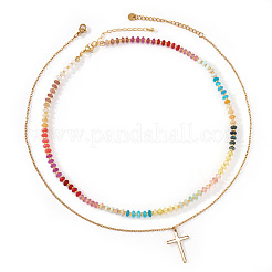 Stainless Steel Religion Cross Pendant Colorful Natural Gemstone Rondelle Beaded Double Layer Necklaces for Women&nbsp;CO5137