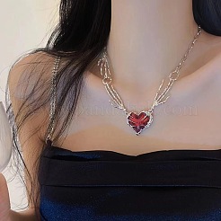 Skeleton Hand Heart Alloy Dark Red Enamel Gothic Pendant Necklaces for Women&nbsp;FS-WG8B830-01