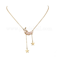 Natural Rose Quartz Chip Beads Moon Pendant Brass Cable Chain Necklaces for Women&nbsp;NJEW-TA00257-03