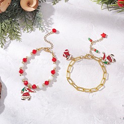 2Pcs 2 Styles Christmas Theme Alloy Enamel Charm Bracelets & Iron Paperclip Chain Bracelets Sets&nbsp;BJEW-JB12443-04