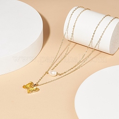 Glass Butterfly & Natural Pearl Pendants Double Layer Necklace with Clear Cubic Zirconia&nbsp;NJEW-TA00043-04