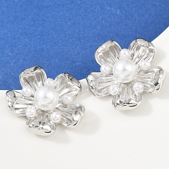 Flower Brass ABS Imitation Pearl Stud Earrings&nbsp;EJEW-M082-08P