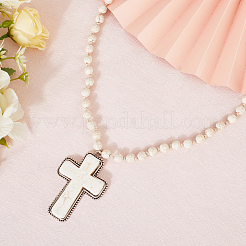 Alloy Pave Synthetic Turquoise Cross Pendant 8MM Round Beaded Necklaces for Women&nbsp;NJEW-WH20816-004AS