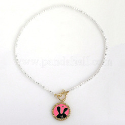 Easter Alloy Enamel Flat Round with Rabbit Pendant White Round Imitation Pearl Beaded OT Necklaces&nbsp;FS-WG9ECA9-01