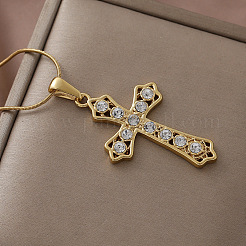Vintage 304 Stainless Steel with Clear Glass Hollow Cross Pendant Necklaces for Women&nbsp;KE6817
