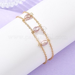 Brass Cable Chains & Rice Natural Cultured Freshwater Pearl Double Layers Bracelets for Women&nbsp;BJEW-JB14135