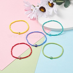 5Pcs 5 Colors MIYUKI Seed Beaded Stretch Bracelets Set with Evil Eye&nbsp;BJEW-TA00055