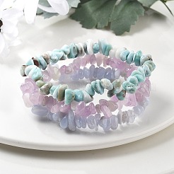 Chips Natural Larimar & Blue Lace Agate & Kunzite Beaded Stretch Bracelets Sets&nbsp;X-BJEW-JB05332-01
