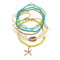 2 Bags Summer Beach Glass Seed Beaded & Natural Shell & Alloy Starfish Charm Anklet Sets&nbsp;AJEW-TA0003-69B