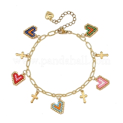 Brass Paperclip Chain Seed Bead Heart Charm Bracelets with 304 Stainless Steel Tiny Cross&nbsp;BJEW-MZ00354