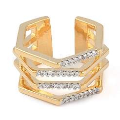 Hexagon Brass Micro Pave Clear Cubic Zirconia Multi-layer Open Cuff Ring for Women&nbsp;RJEW-Q819-17G