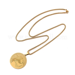 201 Stainless Steel Flat Round with Boy Pendant Box Chain Necklaces for Women Men&nbsp;NJEW-R013-05G
