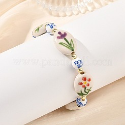 Handmade Printed Porcelain Floral Oval Beaded Stretch Bracelets&nbsp;BJEW-JB14181