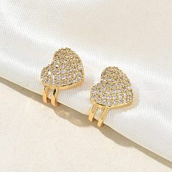 Valentine's Day C-Shaped with Heart Brass Micro Pave Clear Cubic Zirconia Cuff Earrings&nbsp;EJEW-L316-01G-08