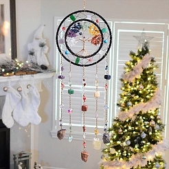 7 Chakra Tree of Life Natural Gemstone Chips Hanging Suncatchers&nbsp;HJEW-F023-02