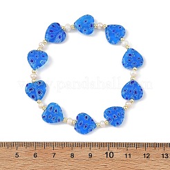Handmade Millefiori Lampwork Heart & Natural Pearl Beaded Stretch Bracelets&nbsp;BJEW-JB14294-01