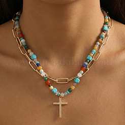 304 Stainless Steel Cross Pendant Paux Pearl & Glass & Mixed Stone Beaded Double Layer Necklaces for Women&nbsp;WU1738-2