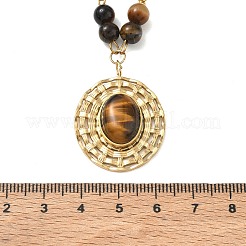 304 Stainless Steel Flat Round Pendant Round Natural Tiger Eye Beaded Chain Necklaces&nbsp;SA-CBA2C2A-01G