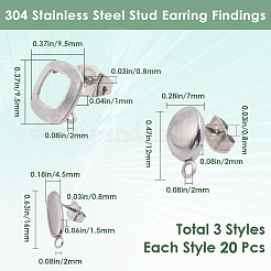 60Pcs 3 Styles 304 Stainless Steel Stud Earring Findings&nbsp;STAS-SP0001-58