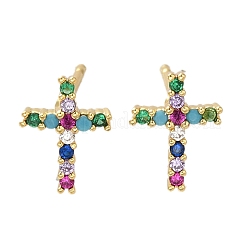 Rack Plating Cross Brass Micro Pave Cubic Zirconia Stud Earrings&nbsp;EJEW-H143-19G
