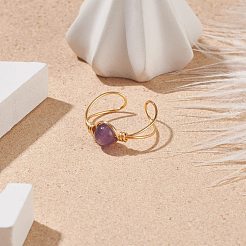 Natural Amethyst Round Beaded Open Cuff Ring&nbsp;RJEW-TA00041-02