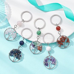 Natural & Synthetic Mixed Stone Chips Flat Round with Tree of Life Kcychain&nbsp;KEYC-JKC00563