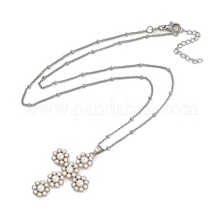Brass & Imitation Pearl Cross Pendant Satellite Chain Necklaces&nbsp;NJEW-U015-09P