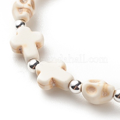 Synthetic Turquoise(Dyed) Cross & Skull Beaded Stretch Bracelet&nbsp;BJEW-JB08449-01